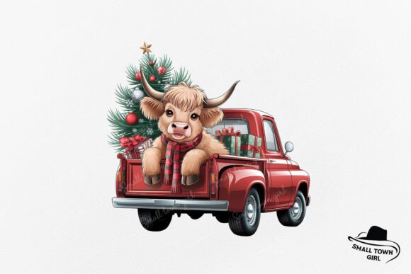 Christmas Highland Cow on Vintage Truck: Festive Digital Art for Commercial Use