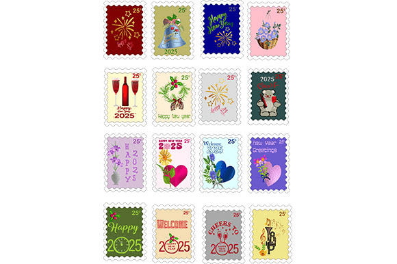 New Year Stamp Set of 16: Creative Assets for 2025