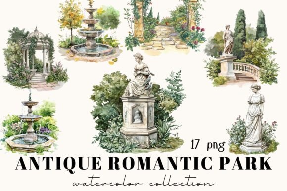 Whimsical Digital Art: The Watercolor Antique Garden Collection